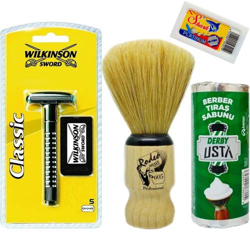 Wilkinson Classic Manuel Tıraş Makinesi 5'li Yedek Tıraş Bıçağı, Jaguar Tıraş Fırçası, Tıraş Sabunu ve Extra 5'li Jilet Seti - 40