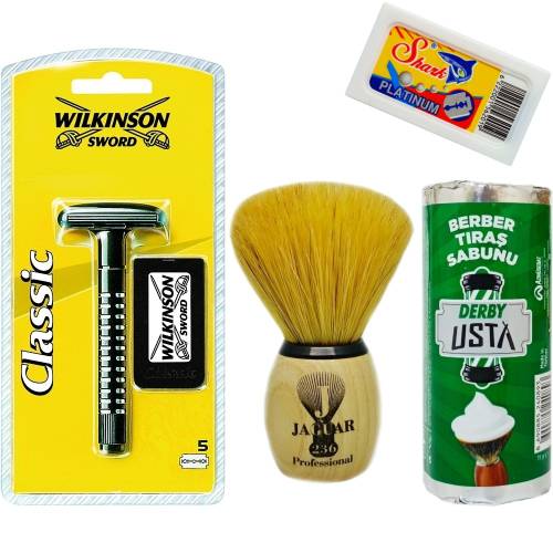 Wilkinson Classic Manuel Tıraş Makinesi 5'li Yedek Tıraş Bıçağı, Jaguar Tıraş Fırçası, Tıraş Sabunu ve Extra 5'li Jilet Seti - 1