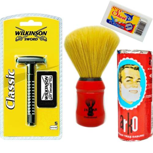 Wilkinson Classic Manuel Tıraş Makinesi 5'li Yedek Tıraş Bıçağı, Jaguar Tıraş Fırçası, Tıraş Sabunu ve Extra 5'li Jilet Seti - 5