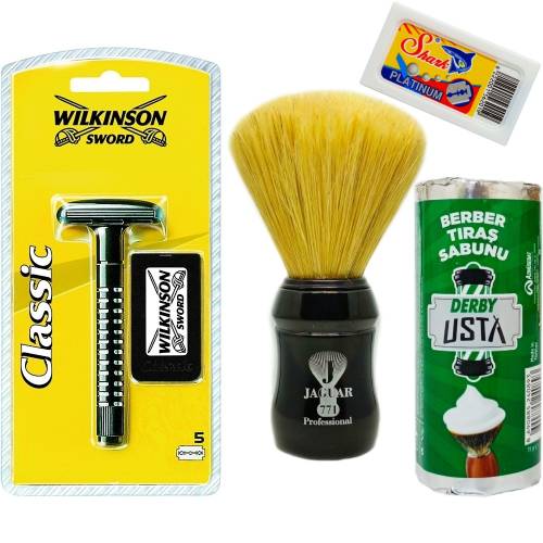 Wilkinson Classic Manuel Tıraş Makinesi 5'li Yedek Tıraş Bıçağı, Jaguar Tıraş Fırçası, Tıraş Sabunu ve Extra 5'li Jilet Seti - 7